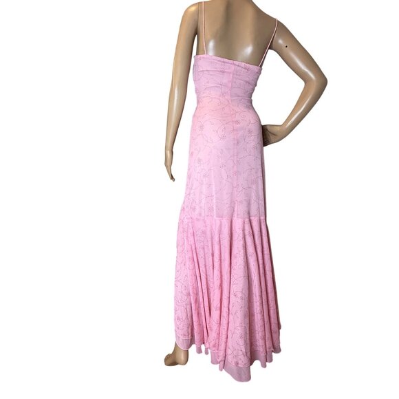 90s Y2K City Triangles Pink Floral Pattern Cottagecore Midi Dress With Ruffled H - Picture 4 of 13